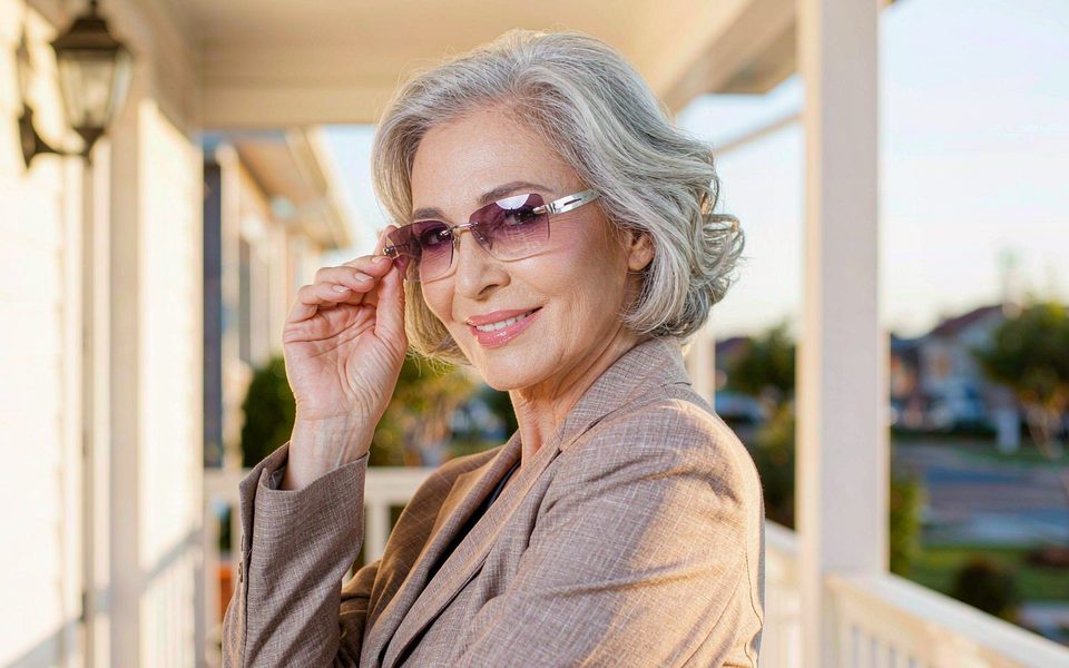 Woman outdoors wearing Lorqesia photochromic reading glasses